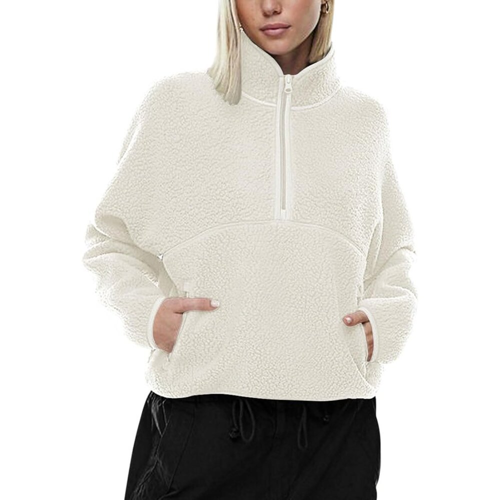 Luxurious Sherpa Fleece Cropped Sweatshirt - Women’s Ivory Pullover Jacket